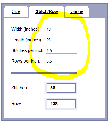 Image showing filled in pane for computing stitches and rows